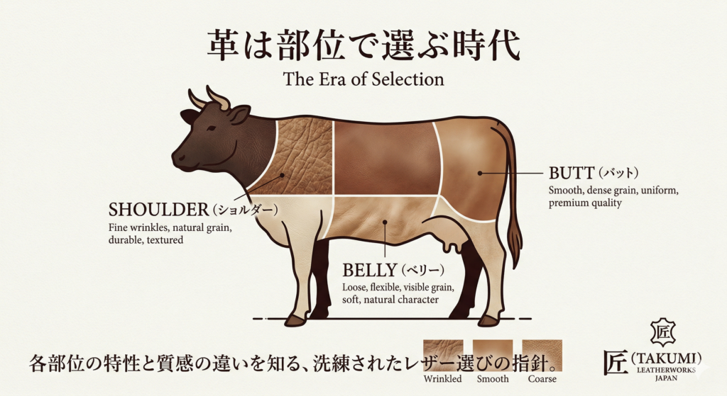 牛革の部位ごとの名称と特徴まとめ