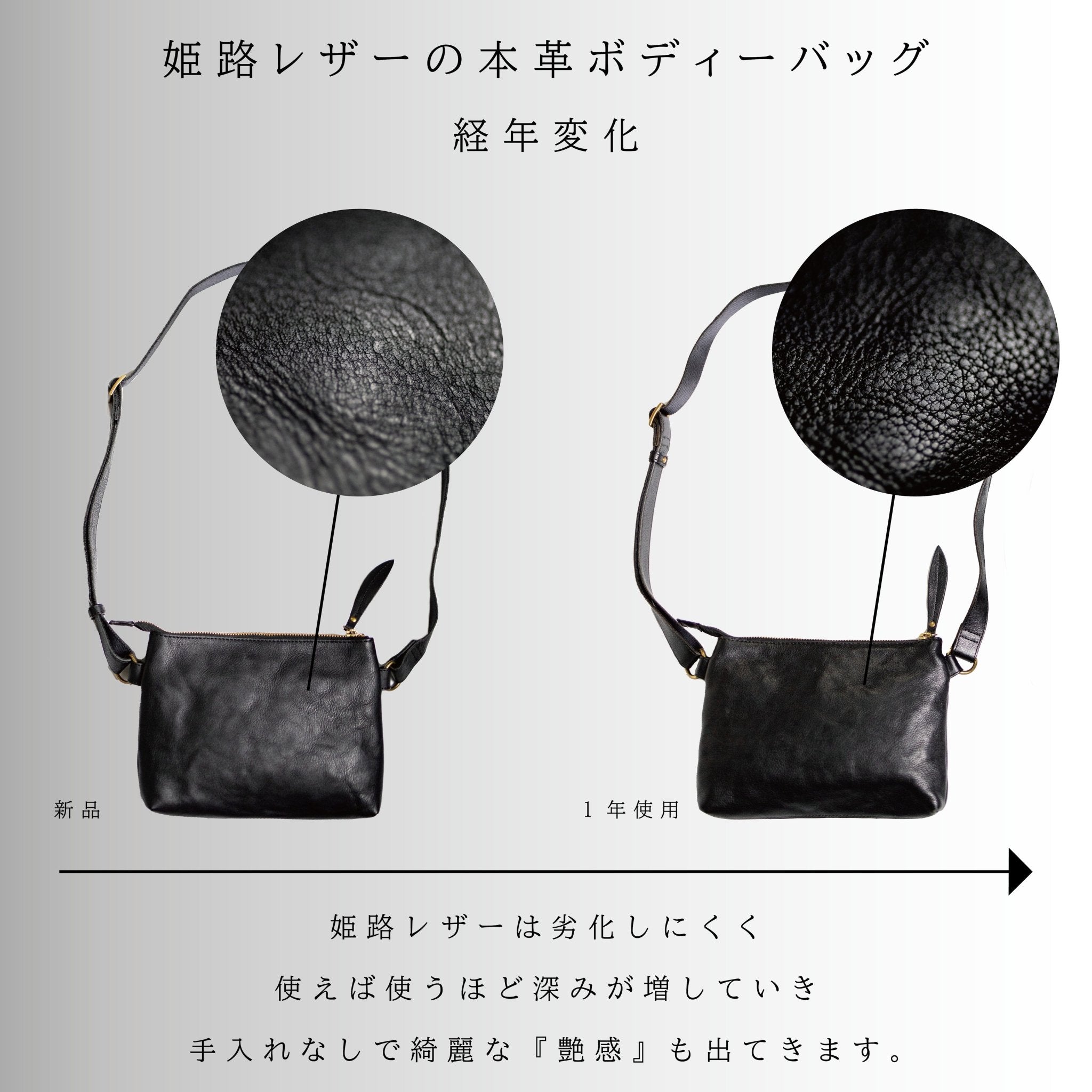 本革ボディーバッグの経年変化 新品と1年使用の比較