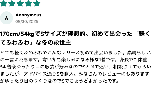 購入者レビュー 軽くふわふわでこんなフリース初めて ★5